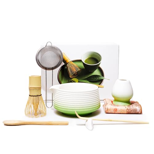 LUMIN TUTU Matcha Set 8-teilig inkl. Bambus Besen, Keramik Schale, Sieb & Teetuch | Komplettset für Matcha-Zeremonie | Lebensmittelecht & Traditionelles Design (Grün-Weiß-Verlauf) von LUMIN TUTU