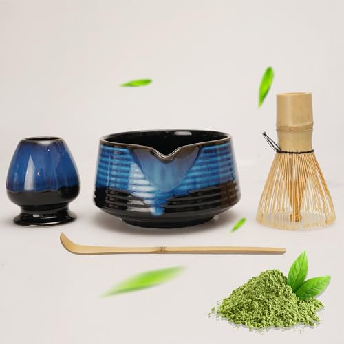 LUMIN TUTU Matcha Tee Set, 4-Teiliges Matcha Whisk Set, Inkl. Matcha Schale mit Ausgießer, Matcha Besen, Matcha Besen Halter und Teelöffel, Blau-Schwarz-Verlauf von LUMIN TUTU