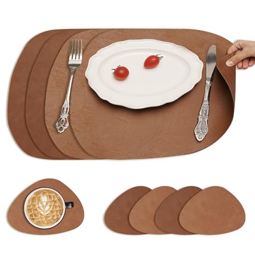 LUMIN TUTU Tischsets Abwaschbar 4er Set, Doppelseitige Platzsets mit 4 Untersetzer, Rutschfestes Platzdeckchen, Wasserfest & Pflegeleicht, Tischset Lederoptik, Oval (Dunkler Kaffee/Hell) von LUMIN TUTU