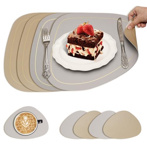 LUMIN TUTU Tischsets Abwaschbar 4er Set, Doppelseitige Platzsets mit 4 Untersetzer, Rutschfestes Platzdeckchen, Wasserfest & Pflegeleicht, Tischset Lederoptik, Oval (Goldrand Grau) von LUMIN TUTU
