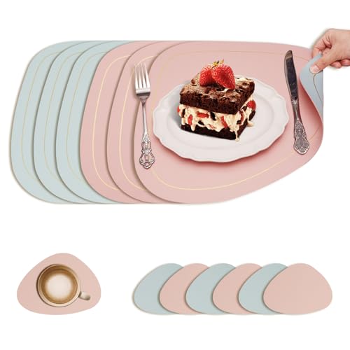 LUMIN TUTU Tischsets Abwaschbar 4er Set, Doppelseitige Platzsets mit 4 Untersetzer, Rutschfestes Platzdeckchen, Wasserfest & Pflegeleicht, Tischset Lederoptik, Oval (Goldrand Rosa) von LUMIN TUTU