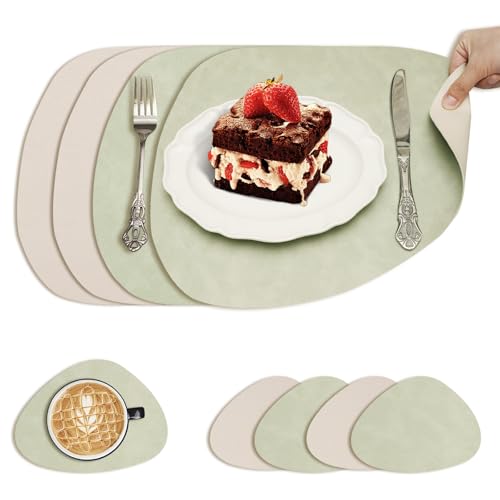 LUMIN TUTU Tischsets Abwaschbar 4er Set, Doppelseitige Platzsets mit 4 Untersetzer, Rutschfestes Platzdeckchen, Wasserfest & Pflegeleicht, Tischset Lederoptik, Oval (Grün/Beige) von LUMIN TUTU