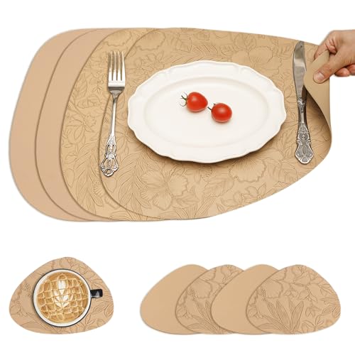 LUMIN TUTU Tischsets Abwaschbar 4er Set, Platzsets mit 4 Untersetzer, Rutschfestes Platzdeckchen, Wasserfest & Pflegeleicht, Tischset Lederoptik, Oval (Beige Blumenmuster) von LUMIN TUTU