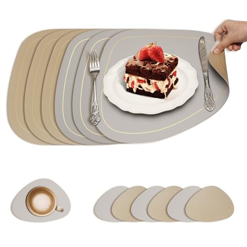 LUMIN TUTU Tischsets Abwaschbar 6er Set, Doppelseitige Platzsets mit 6 Untersetzer, Rutschfestes Platzdeckchen, Wasserfest & Pflegeleicht, Tischset Lederoptik, Oval (Goldrand Grau) von LUMIN TUTU