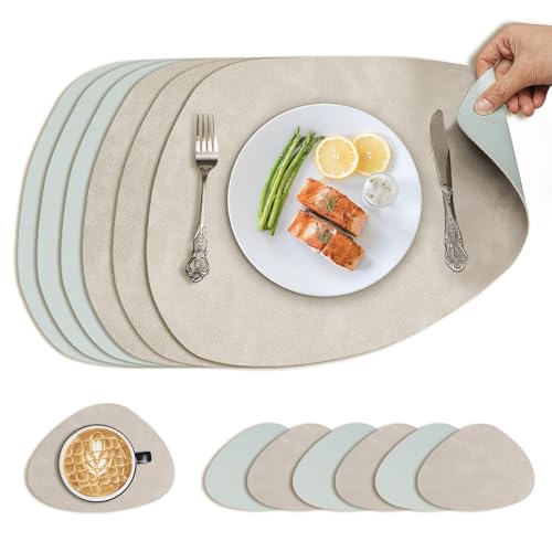 LUMIN TUTU Tischsets Abwaschbar 6er Set, Doppelseitige Platzsets mit 6 Untersetzer, Rutschfestes Platzdeckchen, Wasserfest & Pflegeleicht, Tischset Lederoptik, Oval (Grau/Blau) von LUMIN TUTU