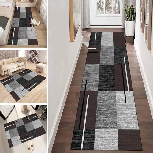 LUMIPAP Läufer Teppich Lang Flur rutschfest Waschbar Küche Korridor Teppichläufer 100X200cm Lange Teppichmatten Küchenläufer Wohnzimmer Anpassbare Küchenteppich,Grau-Braune Gitterstreifen von LUMIPAP