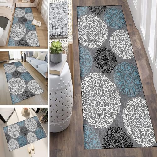 LUMIPAP Läufer Teppich Lang Flur rutschfest Waschbar Küche Korridor Teppichläufer 100X400cm Lange Teppichmatten Küchenläufer Wohnzimmer Anpassbare Küchenteppich,Weißblaue Sonnenblume von LUMIPAP