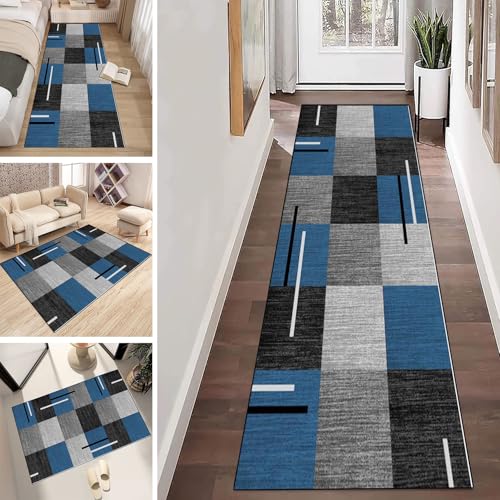 LUMIPAP Läufer Teppich Lang Flur rutschfest Waschbar Küche Korridor Teppichläufer 100X550cm Lange Teppichmatten Küchenläufer Wohnzimmer Anpassbare Küchenteppich,Graue Blaue Streifen von LUMIPAP