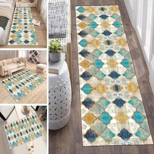 LUMIPAP Läufer Teppich Lang Flur rutschfest Waschbar Küche Korridor Teppichläufer 120X450cm Lange Teppichmatten Küchenläufer Wohnzimmer Anpassbare Küchenteppich,Böhmen - Blau Hellgelb von LUMIPAP