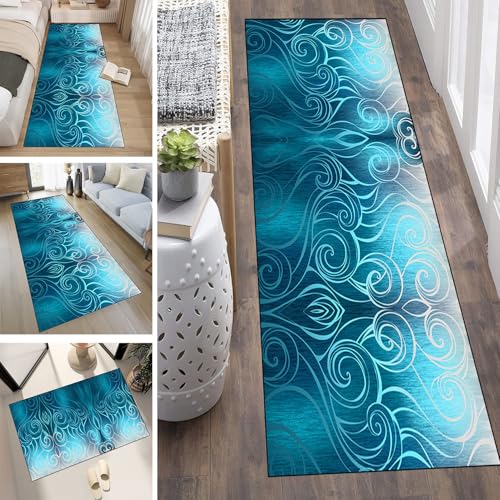 LUMIPAP Läufer Teppich Lang Flur rutschfest Waschbar Küche Korridor Teppichläufer 40X280cm Lange Teppichmatten Küchenläufer Wohnzimmer Anpassbare Küchenteppich,Dunkelblaue Wellenmuster von LUMIPAP