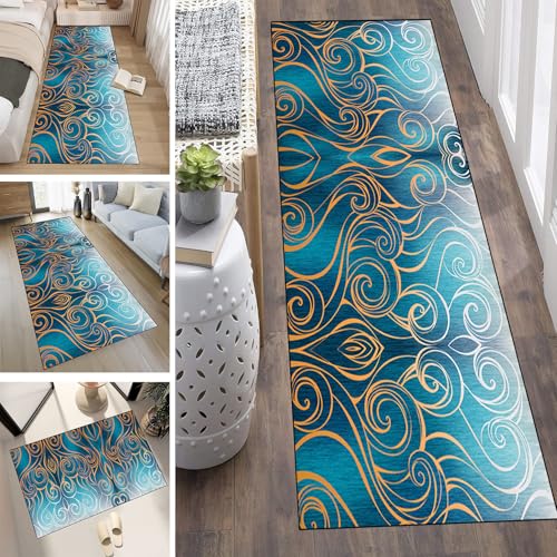 LUMIPAP Läufer Teppich Lang Flur rutschfest Waschbar Küche Korridor Teppichläufer 70X450cm Lange Teppichmatten Küchenläufer Wohnzimmer Anpassbare Küchenteppich,Blaue Wellen Muster von LUMIPAP
