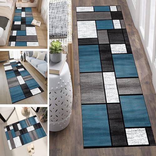 LUMIPAP Läufer Teppich Lang Flur rutschfest Waschbar Küche Korridor Teppichläufer 90X140cm Lange Teppichmatten Küchenläufer Wohnzimmer Anpassbare Küchenteppich,Blau Schwarz Grau Nähte von LUMIPAP