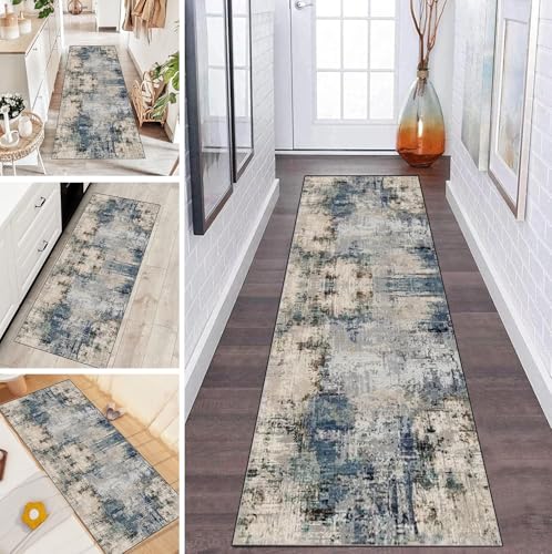 LUMIPAP Teppich Läufer Flur Teppichläufer Küchenläufer Küche Teppiche rutschfest Waschbar Bettvorleger für Flur Waschküche, 100x100cm Blau-gelbe Tintenkunst von LUMIPAP