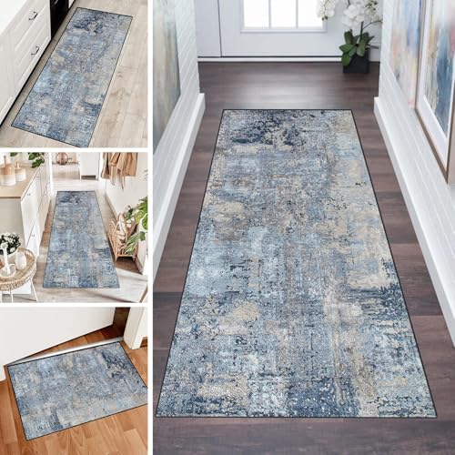 LUMIPAP Teppich Läufer Flur Teppichläufer Küchenläufer Küche Teppiche rutschfest Waschbar Bettvorleger für Flur Waschküche, 100x100cm Blaue Tintenkunst von LUMIPAP