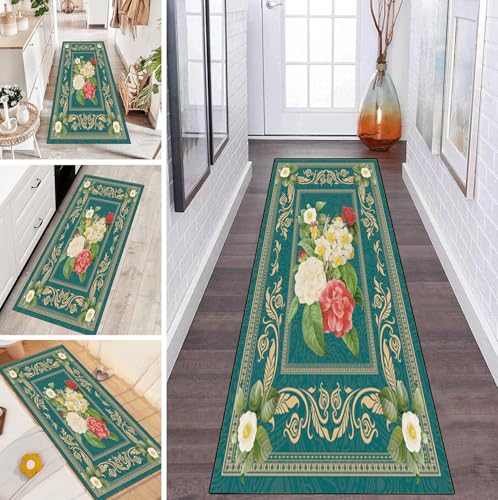 LUMIPAP Teppich Läufer Flur Teppichläufer Küchenläufer Küche Teppiche rutschfest Waschbar Bettvorleger für Flur Waschküche, 100x100cm Weiße rote Blumen von LUMIPAP