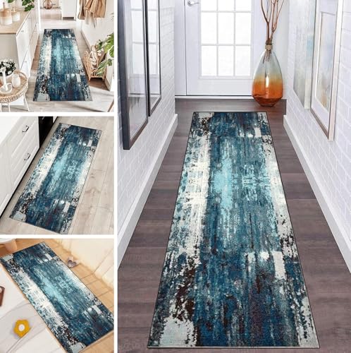 LUMIPAP Teppich Läufer Flur Teppichläufer Küchenläufer Küche Teppiche rutschfest Waschbar Bettvorleger für Flur Waschküche, 100x120cm Dunkelblaue Tintenkunst von LUMIPAP