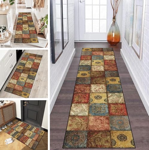 LUMIPAP Teppich Läufer Flur Teppichläufer Küchenläufer Küche Teppiche rutschfest Waschbar Bettvorleger für Flur Waschküche, 100x320cm Helle Retro-Muster von LUMIPAP