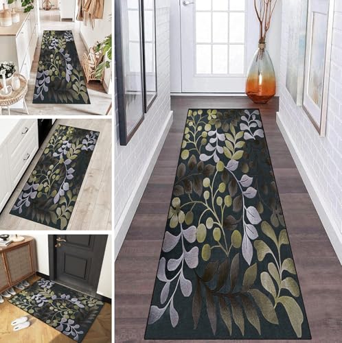 LUMIPAP Teppich Läufer Flur Teppichläufer Küchenläufer Küche Teppiche rutschfest Waschbar Bettvorleger für Flur Waschküche, 100x420cm Grüne graue Blätter von LUMIPAP