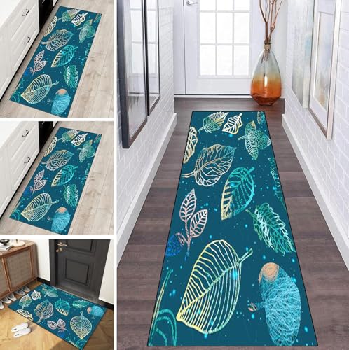 LUMIPAP Teppich Läufer Flur Teppichläufer Küchenläufer Küche Teppiche rutschfest Waschbar Bettvorleger für Flur Waschküche, 120x300cm Blaue Gradientenblätter von LUMIPAP