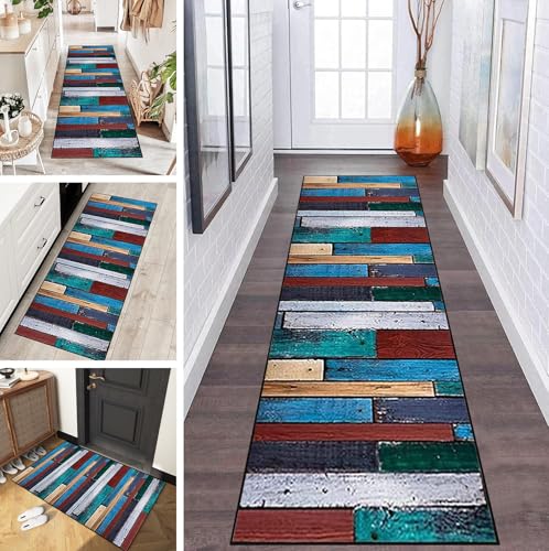 LUMIPAP Teppich Läufer Flur Teppichläufer Küchenläufer Küche Teppiche rutschfest Waschbar Bettvorleger für Flur Waschküche, 120x600cm Blaue rote grüne Retro Holzplatte LUMIPAP Teppich Läufer Flur Teppichläufer Küchenläufer Küche Teppiche rutschfest Waschbar Bettvorleger für Flur Waschküche, 120x600cm Blaue rote grüne Retro Holzplatte von LUMIPAP