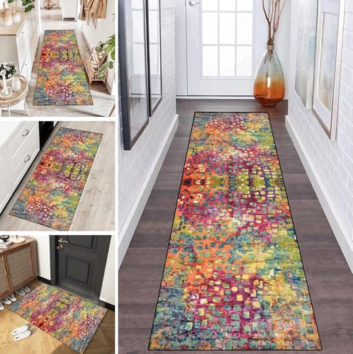 LUMIPAP Teppich Läufer Flur Teppichläufer Küchenläufer Küche Teppiche rutschfest Waschbar Bettvorleger für Flur Waschküche, 40x200cm Kunst Abstrakt Grün Rosa Blau von LUMIPAP