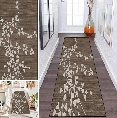 LUMIPAP Teppich Läufer Flur Teppichläufer Küchenläufer Küche Teppiche rutschfest Waschbar Bettvorleger für Flur Waschküche, 40x380cm Braunes Pfirsichherz Retro-Zweige und Blätter von LUMIPAP