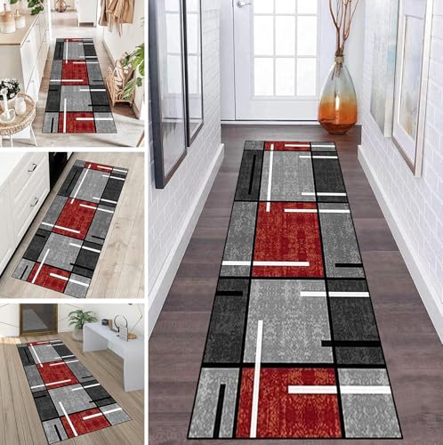 LUMIPAP Teppich Läufer Flur Teppichläufer Küchenläufer Küche Teppiche rutschfest Waschbar Bettvorleger für Flur Waschküche, 40x80cm Rot-Grau-Retro-Splice von LUMIPAP