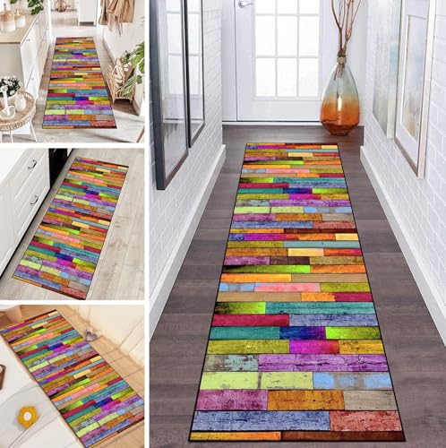LUMIPAP Teppich Läufer Flur Teppichläufer Küchenläufer Küche Teppiche rutschfest Waschbar Bettvorleger für Flur Waschküche, 50x220cm Farbe Holz Brett Kunst von LUMIPAP