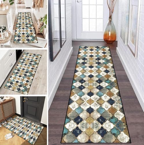 LUMIPAP Teppich Läufer Flur Teppichläufer Küchenläufer Küche Teppiche rutschfest Waschbar Bettvorleger für Flur Waschküche, 60x150cm Böhmisch Gelb Blau von LUMIPAP