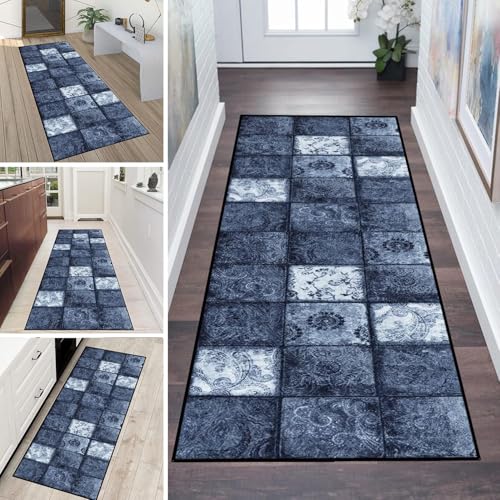 LUMIPAP Teppich Läufer Flur Teppichläufer Küchenläufer Küche Teppiche rutschfest Waschbar Bettvorleger für Flur Waschküche, 60x200cm Graue Retro-Muster von LUMIPAP