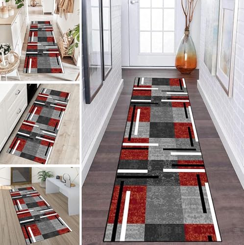 LUMIPAP Teppich Läufer Flur Teppichläufer Küchenläufer Küche Teppiche rutschfest Waschbar Bettvorleger für Flur Waschküche, 60x270cm Rot Schwarz Grau Vintage Splice von LUMIPAP