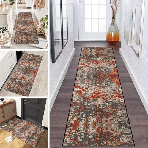 LUMIPAP Teppich Läufer Flur Teppichläufer Küchenläufer Küche Teppiche rutschfest Waschbar Bettvorleger für Flur Waschküche, 60x90cm Kunst Abstrakt Rot Grau von LUMIPAP