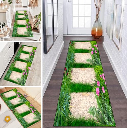 LUMIPAP Teppich Läufer Flur Teppichläufer Küchenläufer Küche Teppiche rutschfest Waschbar Bettvorleger für Flur Waschküche, 70x100cm 3D Blumen Bodenmuster von LUMIPAP