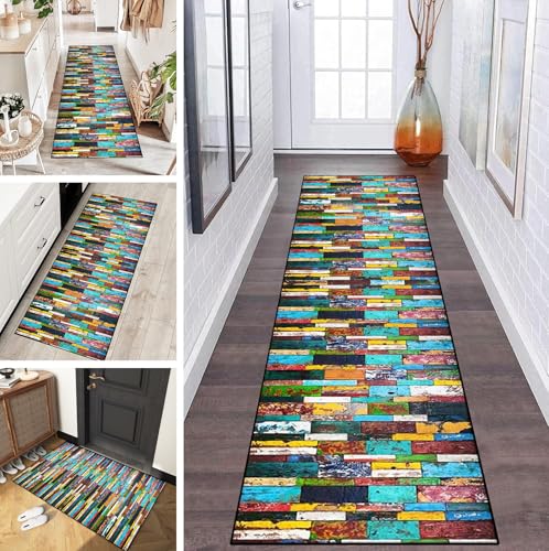 LUMIPAP Teppich Läufer Flur Teppichläufer Küchenläufer Küche Teppiche rutschfest Waschbar Bettvorleger für Flur Waschküche, 70x170cm Farbe Retro Holz von LUMIPAP