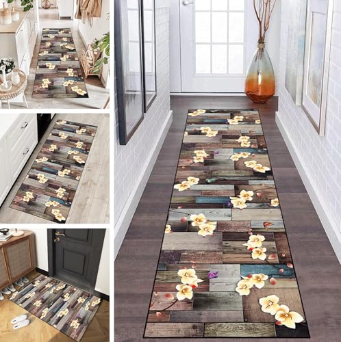 LUMIPAP Teppich Läufer Flur Teppichläufer Küchenläufer Küche Teppiche rutschfest Waschbar Bettvorleger für Flur Waschküche, 70x450cm Pflanzen Blumen Retro Holz Brett von LUMIPAP