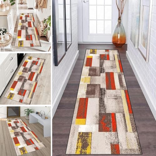 LUMIPAP Teppich Läufer Flur Teppichläufer Küchenläufer Küche Teppiche rutschfest Waschbar Bettvorleger für Flur Waschküche, 80x320cm Rot Gelb Retro Splice von LUMIPAP