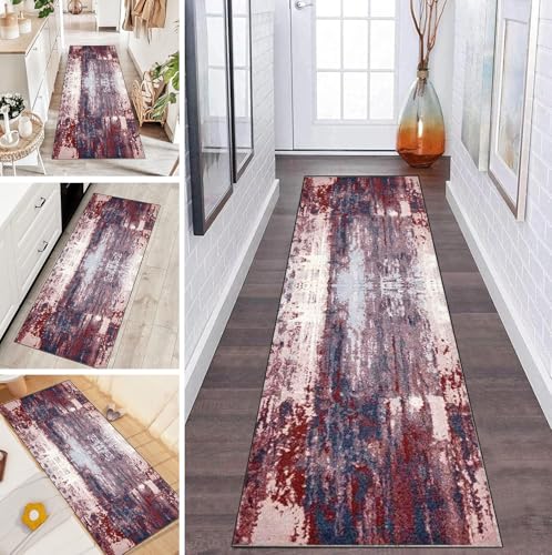 LUMIPAP Teppich Läufer Flur Teppichläufer Küchenläufer Küche Teppiche rutschfest Waschbar Bettvorleger für Flur Waschküche, 90x100cm Rote Tintenkunst von LUMIPAP