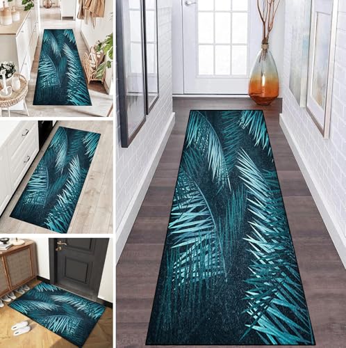 LUMIPAP Teppich Läufer Flur Teppichläufer Küchenläufer Küche Teppiche rutschfest Waschbar Bettvorleger für Flur Waschküche, 90x120cm Blaue Blätter von LUMIPAP