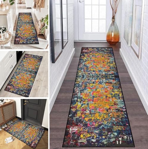 LUMIPAP Teppich Läufer Flur Teppichläufer Küchenläufer Küche Teppiche rutschfest Waschbar Bettvorleger für Flur Waschküche, 90x150cm Kunst abstrakt Gelb Blau von LUMIPAP