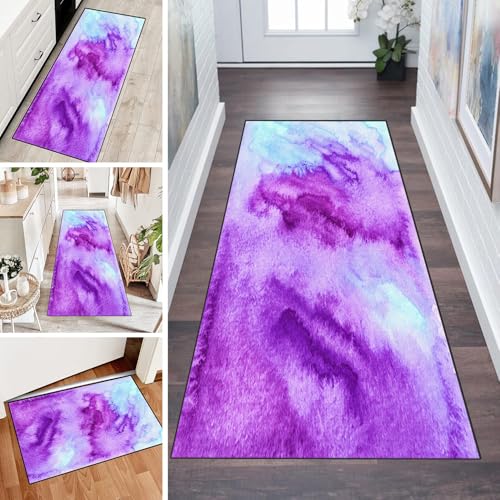 LUMIPAP Teppich Läufer Flur Teppichläufer Küchenläufer Küche Teppiche rutschfest Waschbar Bettvorleger für Flur Waschküche, 90x250cm Lila Tintenkunst von LUMIPAP