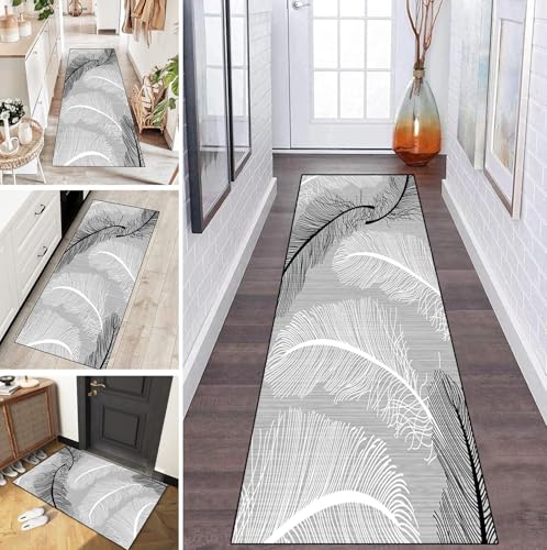 LUMIPAP Teppich Läufer Flur Teppichläufer Küchenläufer Küche Teppiche rutschfest Waschbar Bettvorleger für Flur Waschküche, 90x400cm Schwarze weiße Feder von LUMIPAP