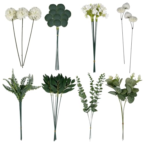 LUMITERRA 55 Stück Künstliche Zweige & Kunstblumen, Weiß Blumen Blätter Künstlich Dekozweige, Kunst Blumen Kunstblumenstrauss Eukalyptus Hortensien für DIY Blumenstrauß Brautstrauß Hochzeit (Weiß) von LUMITERRA