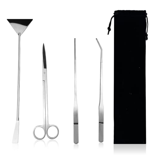 LUMITERRA Aquarium Reinigung Tools, 4 Stück Premium Edelstahl Wasserpflanzen Werkzeuge, Anti-Rost Werkzeug Set mit Schwarzen Aufbewahrungstasche für Fisch Tank Reinigung Pflanze Trimmen. von LUMITERRA