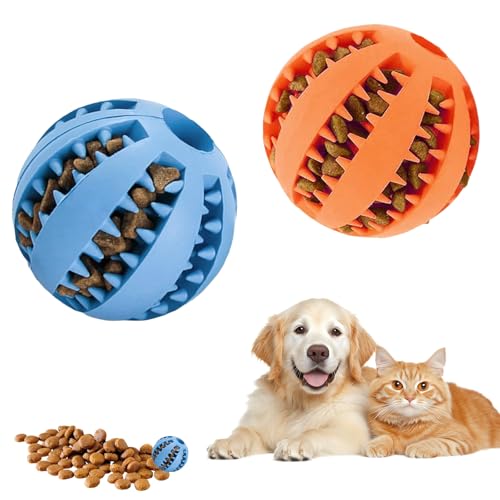 LUMOOM 2 Stück Hundespielzeug Ball, Interaktiver Leckerli-Spender, Intelligenz Ball, Robuste Hundeball Ø 6cm, Naturkautschuk Welpenspielzeug, Gummiball für Welpen (Blau+Orange) von LUMOOM