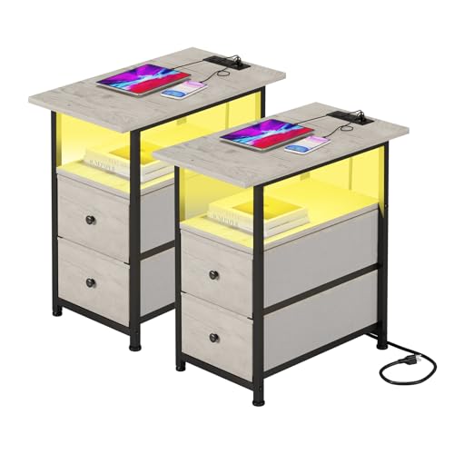 LUMTOK Beistelltisch mit LED-Licht, 2er-Set, Stoffschubladen, Beistelltisch mit Ladestation, schmaler Nachttisch mit Ablagefach für kleinen Raum, Wohnzimmer, Schlafzimmer, Nachttisch (Greige – 2er-Set LUMTOK Beistelltisch mit LED-Licht, 2er-Set, Stoffschubladen, Beistelltisch mit Ladestation, schmaler Nachttisch mit Ablagefach für kleinen Raum, Wohnzimmer, Schlafzimmer, Nachttisch (Greige – 2er-Set von LUMTOK
