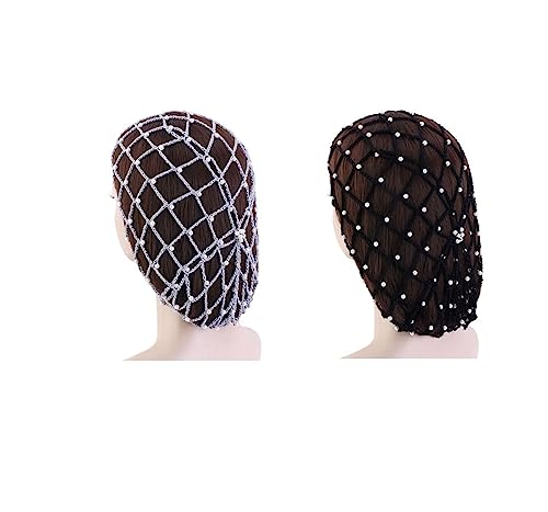 LUMoony Schlafende Haarnetze Häkeln Haarnetz 2Pcs gehäkelt Haarnetz mit Perle Perlenhaarnetz Mesh Haarnetz Rayon Knit Snood Hat Häkeln Haarwickel Schlafkappe für Frauen Mädchen Perle Haarnetz von LUMoony