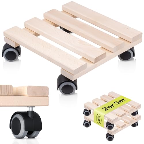 LUNA® Pflanzenroller eckig 2er Set - massives Buchenholz 100kg Traglast - Rollbrett Pflanzen - Blumenroller - Pflanzen Rollbrett - Blumentopf Untersetzer mit Rollen - 25x25cm - Made in Austria von LUNA