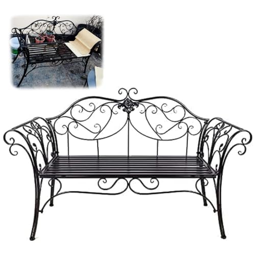 LUNAIZHUO Metallbank, Gartenbänke für Draußen, Retro Deko Stuhl mit Rückenlehne und Armlehne, Wetterfest für Veranda, Rasen, Balkon, Hinterhof(Black) von LUNAIZHUO