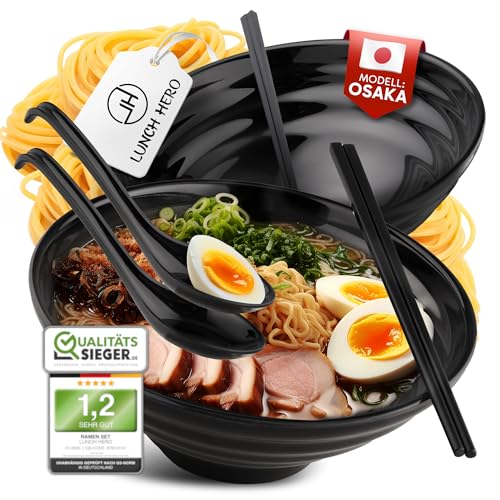 LunchHero® Ramen Schüssel Set - Ramen Bowl Schüssel 1000ml aus Melamin - Ramen Set Geschirr mit großer Suppenschüssel - Japanisches Geschirr Set - Ramen Schale Set mit Rezepte eBook - 2er Set von LUNCH HERO
