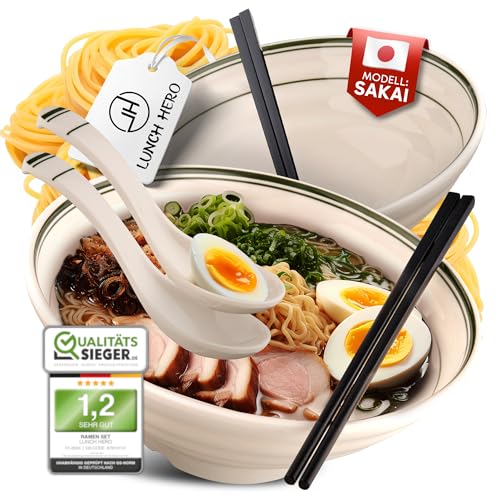 LunchHero® Ramen Schüssel Set - Ramen Bowl Schüssel 1000ml aus Melamin - Ramen Set Geschirr mit großer Suppenschüssel - Japanisches Geschirr Set - Ramen Schale Set mit Rezepte eBook - 2er Set von LUNCH HERO